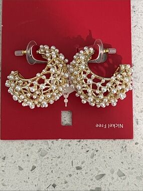 Gold Faux Pearl Cluster Crescent Hoop Earrings by Merry Moments